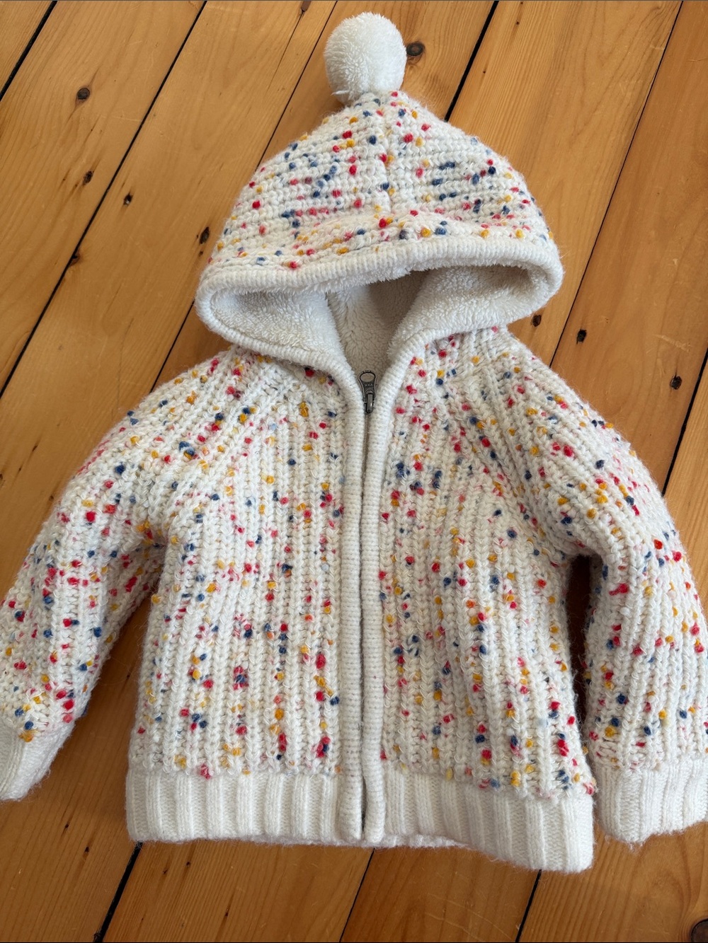 Hanna Andersson Cream Knit Hooded Jacket with Multi-Color Speckles